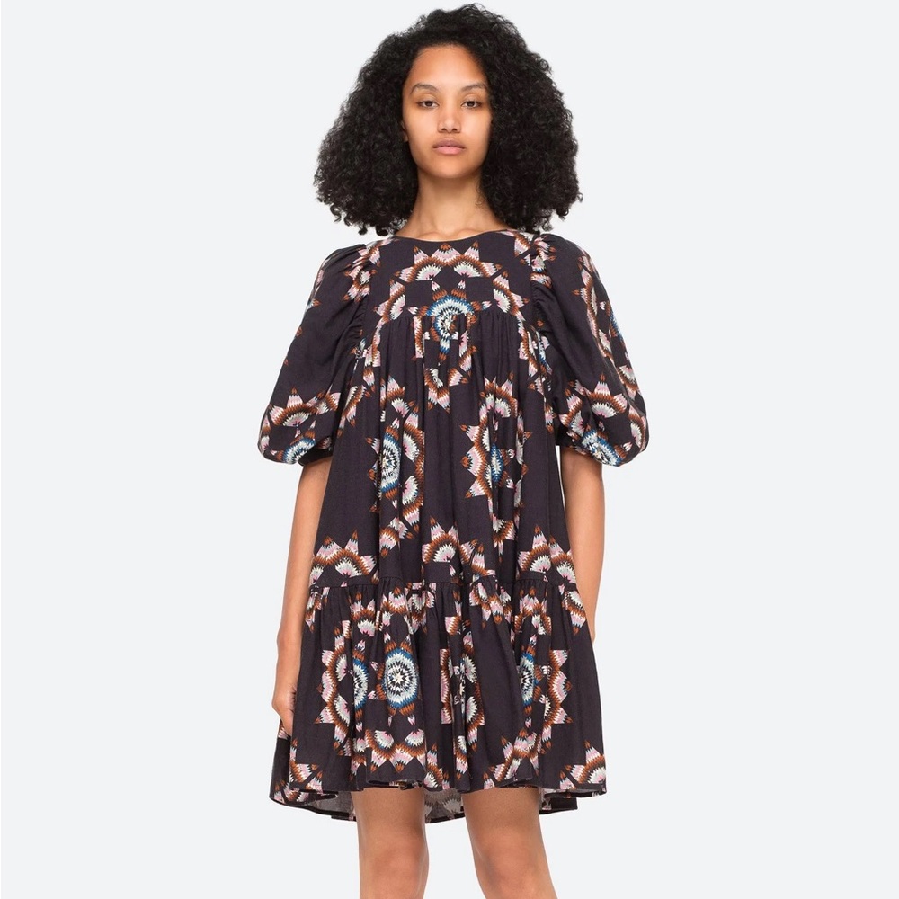 Sea New York, NWT Puff Sleeve Tiered Mini Dress Boho Geometric Print Black Large